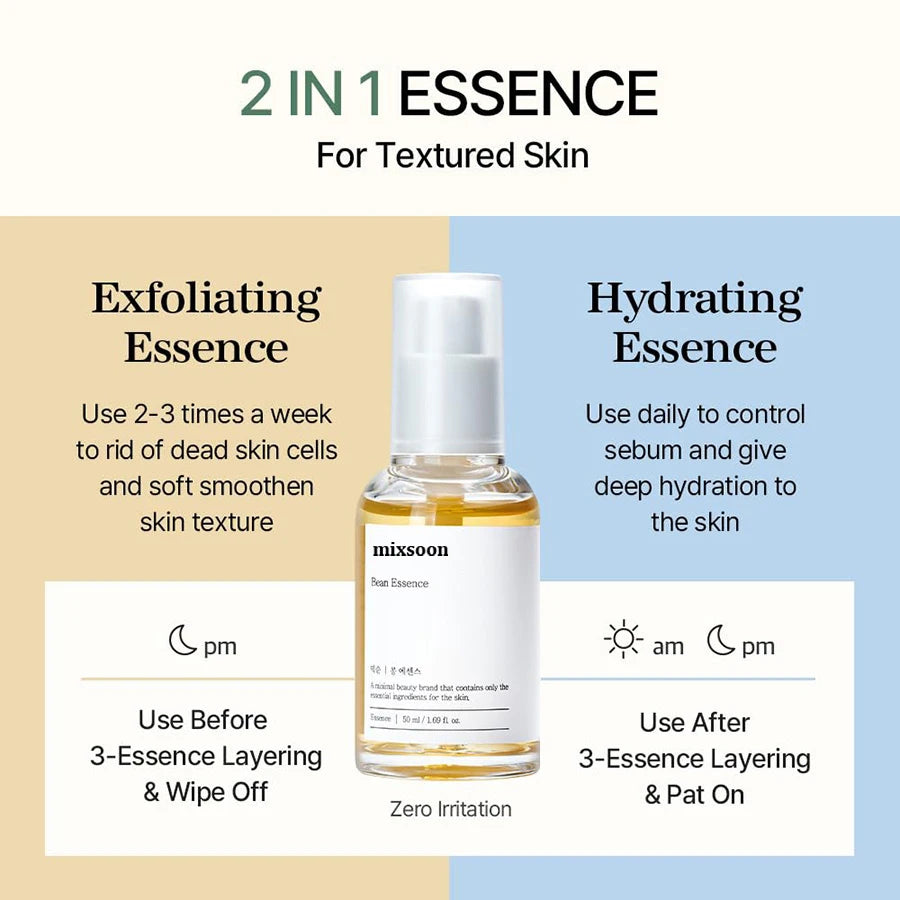 Mixsoon Bean Essence Exfoliating Moisturizing Hydrating Korean Skin Care Glass Muscle Hyaluronic Acid Essence Deep Hydrating