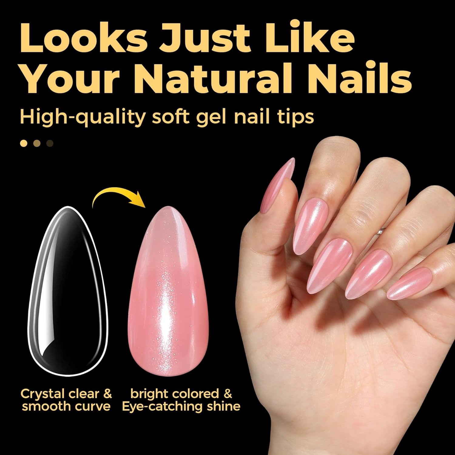 Almond Fake Gel Nail Tips, 216Pcs Medium Almond Pre Shaped Nails Tips for Long-Lasting Acrylic Nails, Perfect for DIY at Home French Style Nail Salon 12 Sizes