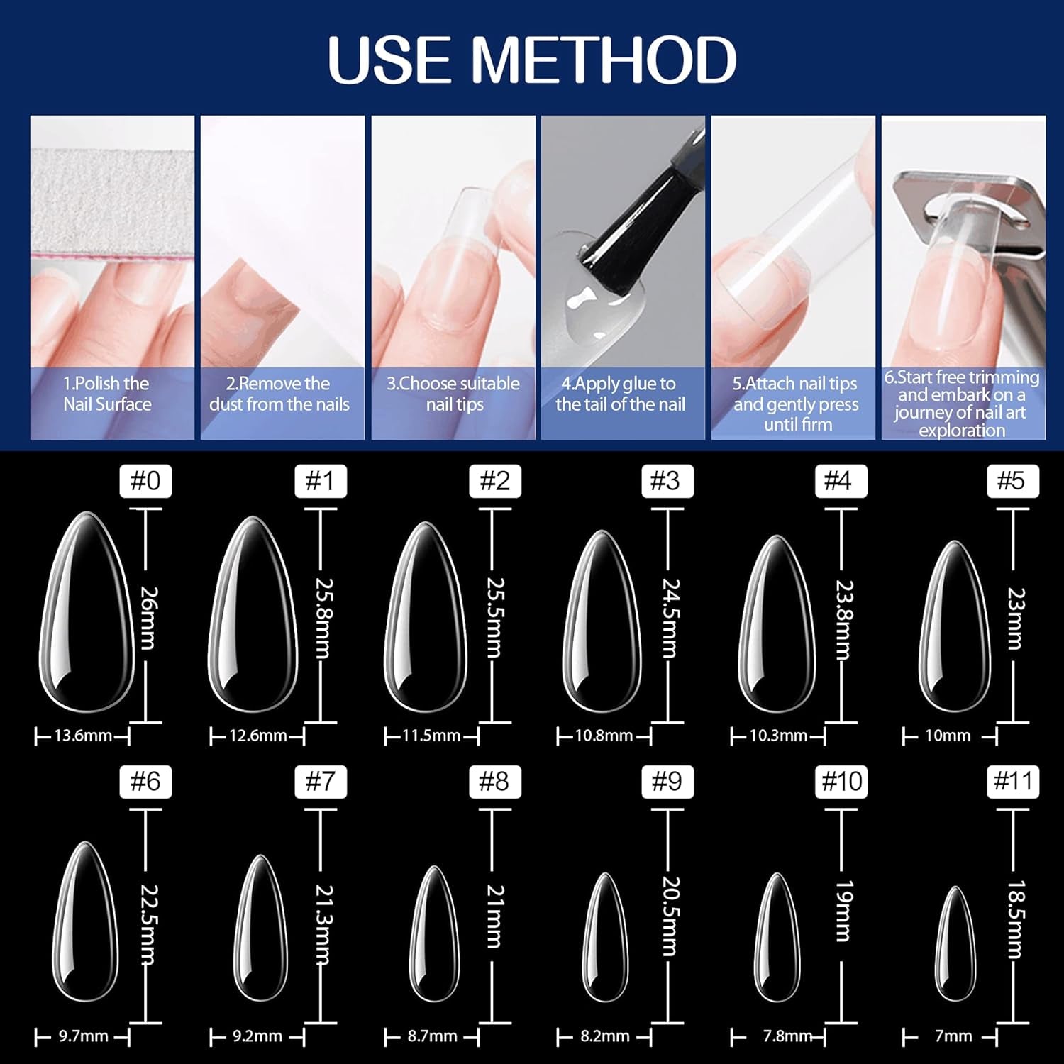 Almond Fake Gel Nail Tips, 216Pcs Medium Almond Pre Shaped Nails Tips for Long-Lasting Acrylic Nails, Perfect for DIY at Home French Style Nail Salon 12 Sizes