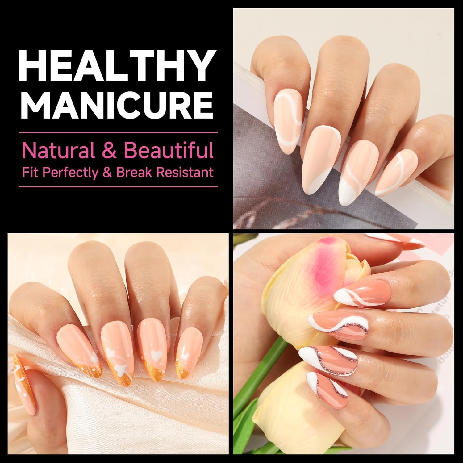 Almond Fake Gel Nail Tips, 216Pcs Medium Almond Pre Shaped Nails Tips for Long-Lasting Acrylic Nails, Perfect for DIY at Home French Style Nail Salon 12 Sizes