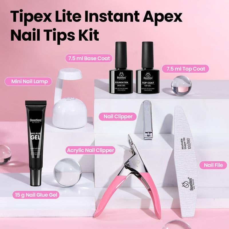 Beetles Tipex Lite Apex Nail Tips Kit 192PCS All in One Kit with UV Nail Glue, Base & Top Coat, Mini Nail Lamp, Nail Clipper & Cuticle Nipper,Pre-Building Pre-Etched Acrylic Tips Kit